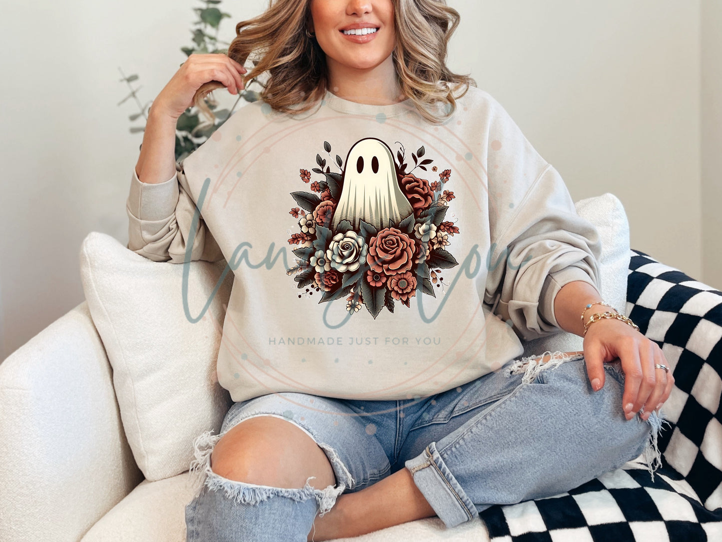 Fall Ghost with Flowers Crewneck