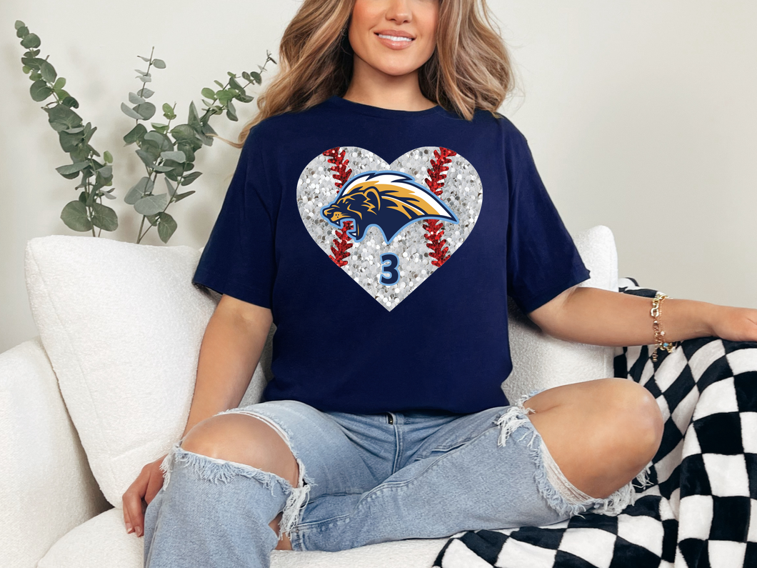 Honey Badgers / Faux Sequin Baseball Heart with Number T-shirt