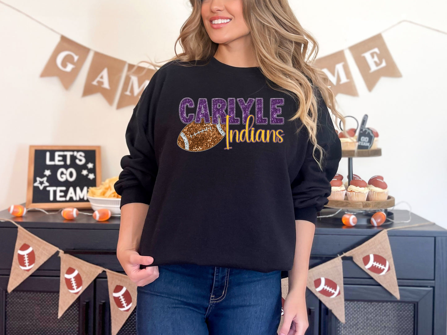 Carlyle Football Faux Sequin/Faux Embroidery Crewneck