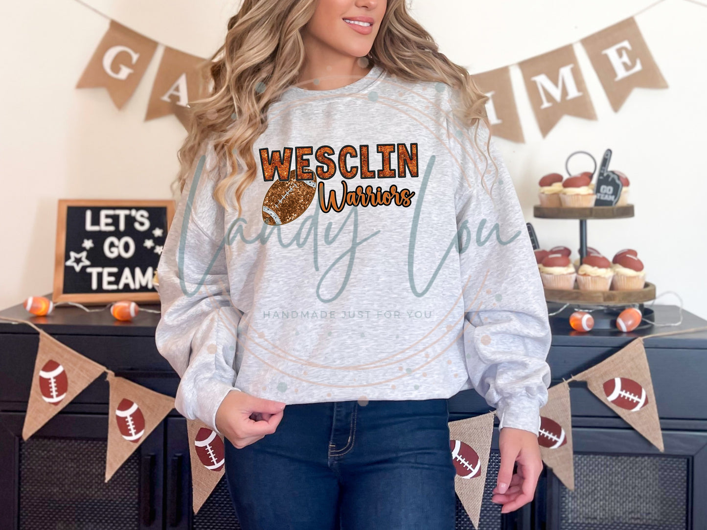 Wesclin Football Faux Sequin/Faux Embroidery Crewneck